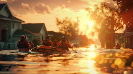 Rescue workers aiding a flood-affected community.