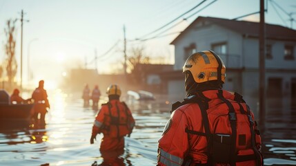 Rescue workers aiding a flood-affected community.