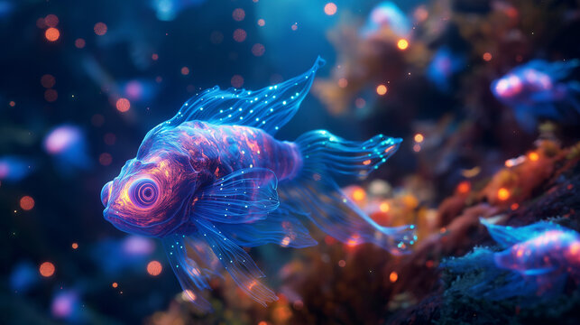 bioluminescent creatures in a deep-sea scene