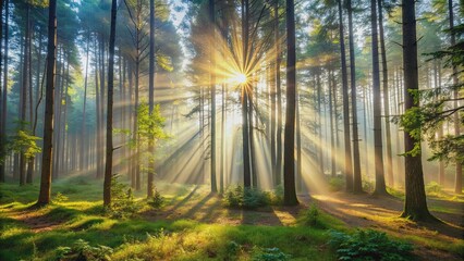 Obraz premium Misty morning in the forest with sunlight breaking through the trees, Nature, foggy, serene, peaceful, trees, woods, tranquil