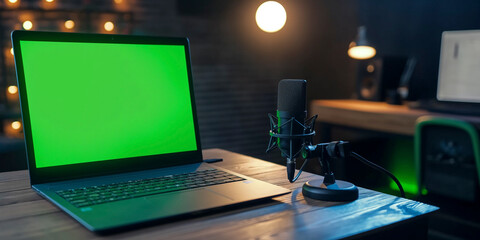 Naklejka premium Home studio podcast interior. Microphone, laptop with green screen
