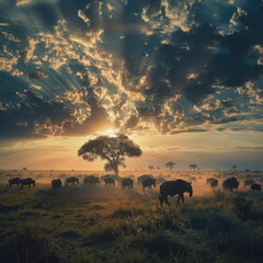 Majestic Sunset Over Silhouetted Wildebeest Grazing Beneath African Acacia Tree in Serengeti Plains