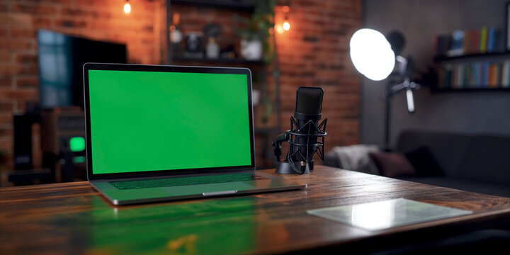Home studio podcast interior. Microphone, laptop with green screen