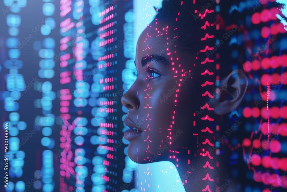 Poster futuristic woman with red cybernetic facial elements symbolizing advanced ai and technological integ