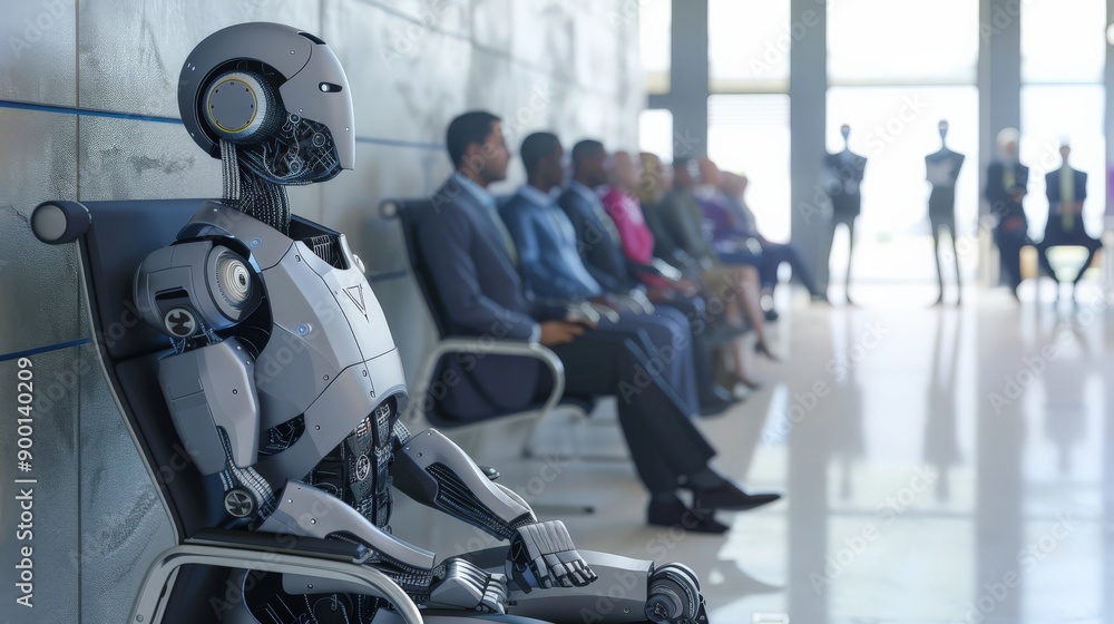 Poster Robot waiting with professionals in a sleek office corridor for job interviews. Future of AI in the workplace.