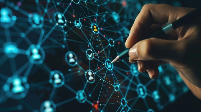 Connected World: A close-up captures the intricate dance of global connections, with a human hand delicately tracing the lines of a network diagram.