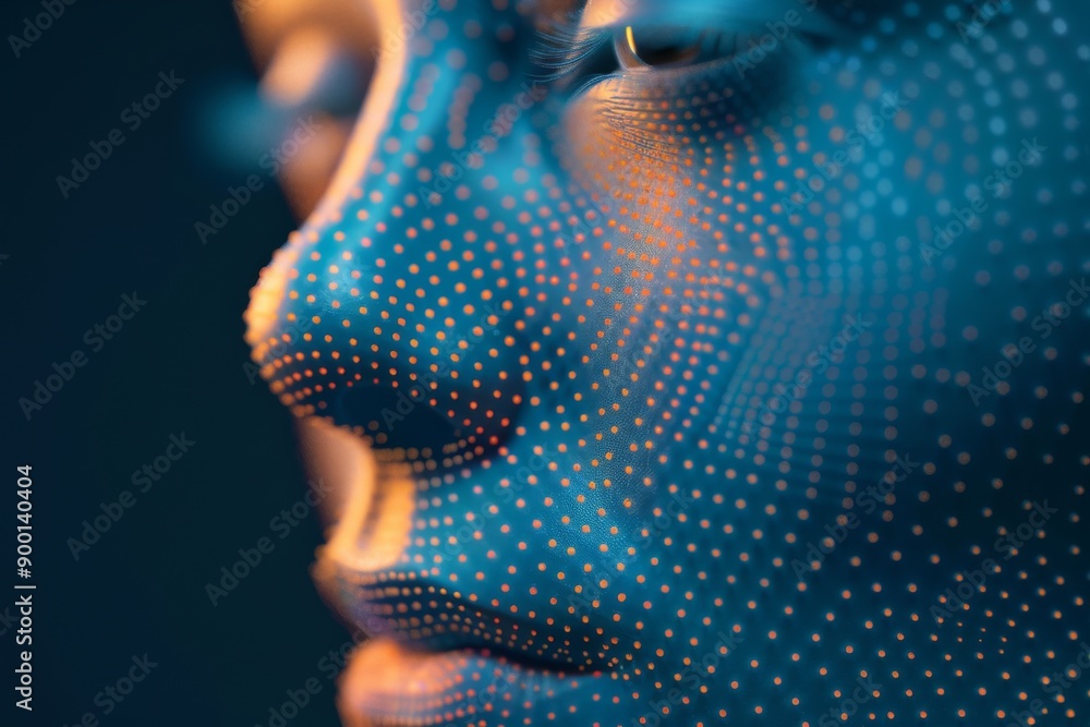 Poster close up of a womans face with a pixelated effect symbolizing digital transformation and technology