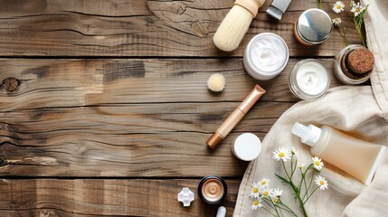 Beauty products and necessities on a wooden surface