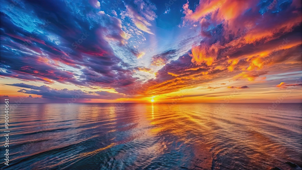 Poster Dramatic ocean sunset with vibrant sky over calm waters and serene natural landscape, sunset, ocean, dramatic, vibrant, sky