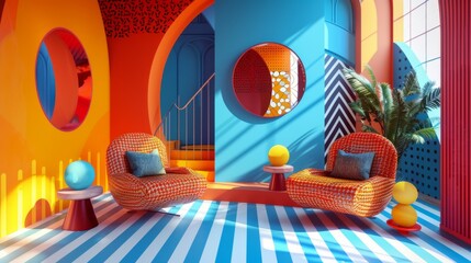 Retro futuristic design with bold, bright colors and geometric patterns