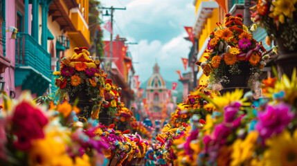 San Mateo Feast, floats decorated with flowers and religious symbols, colorful city buildings background, Ai generated Images