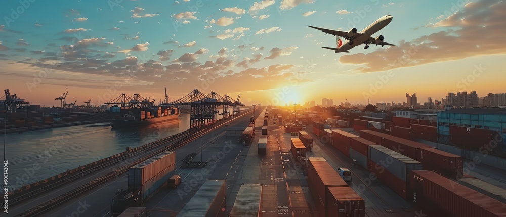 Wall mural realistic photo of a logistics hub with a container ship docked, an airplane flying overhead, and gl