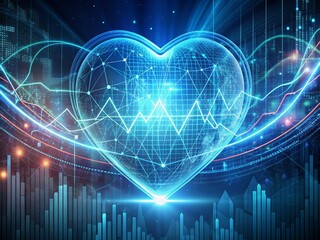 A futuristic, pulsing digital heart is overlaid with holographic graphs, charts, and swirling data streams, symbolizing AI-driven healthcare analytics and patient care management.
