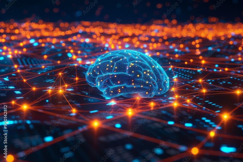 Poster digital brain with interconnected nodes symbolizing neural networks and advanced ai
