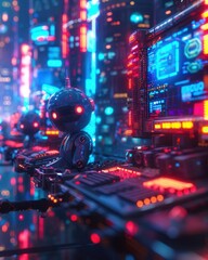 3D depiction of AI chatbots chatting on computers, neonlit office space Hightech setting showcasing the dynamic nature of generative AI technology