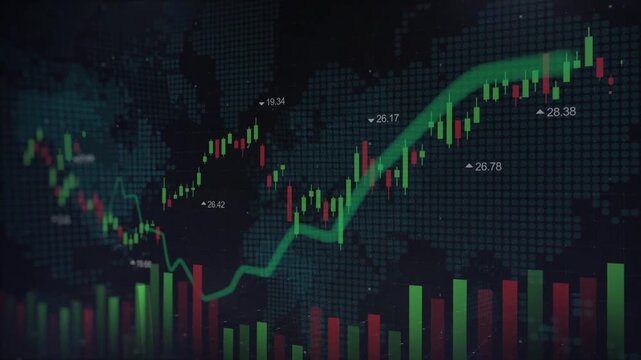 financial chart with uptrend line candlestick graph in stock market, Stock market data on LED display. Business analysis concept share market chart line