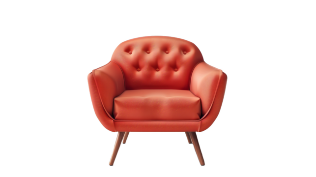 A red leather chair with a wooden frame