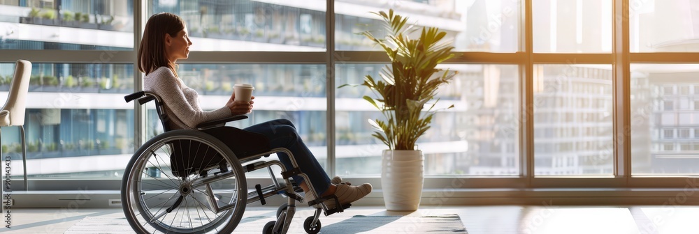 Poster young woman in a wheelchair enjoying a coffee break in a modern office with large windows. emphasizi