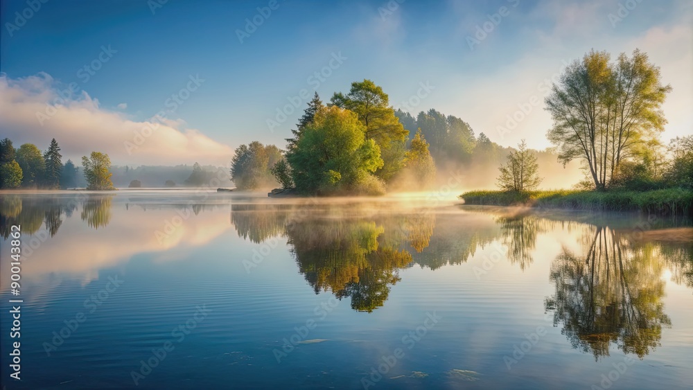 Poster Peaceful misty morning on a tranquil lake , mist, fog, water, reflection, serene, calm, nature, peaceful, tranquil, sunrise, dawn