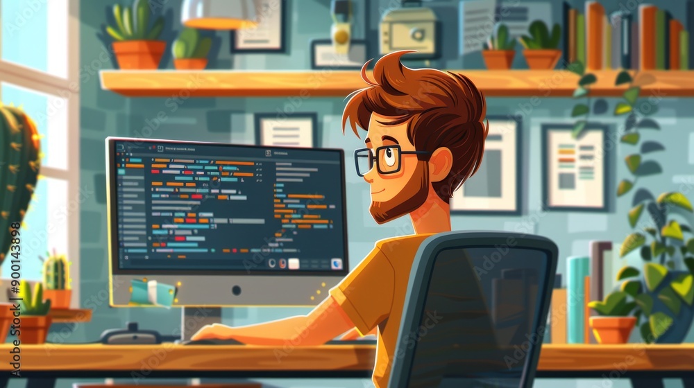 Poster young tech entrepreneur coding on a computer in a modern home office setup. cartoon illustrations ve