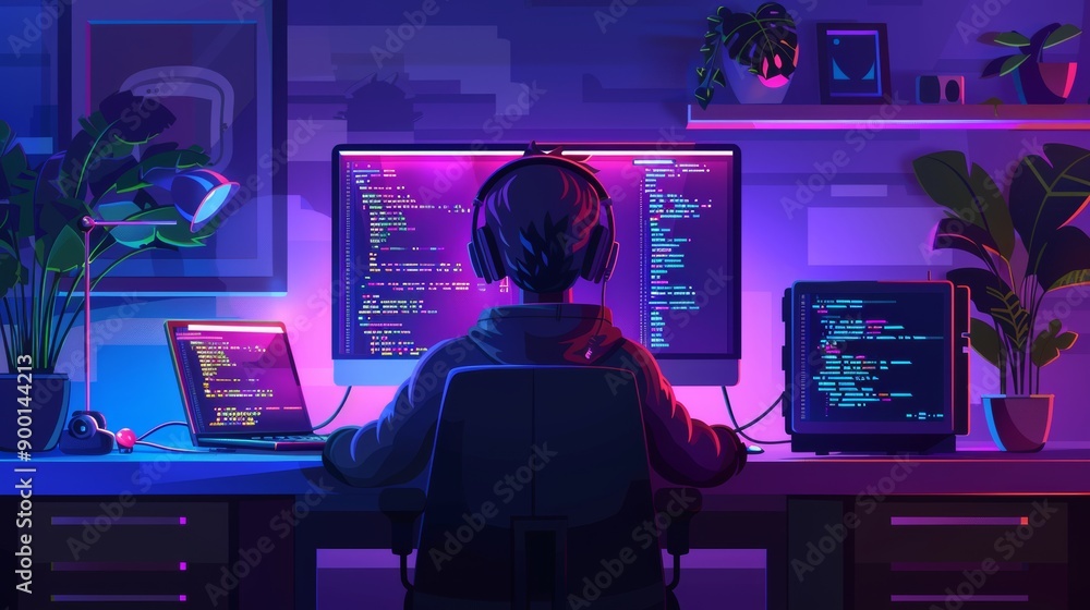 Poster young tech entrepreneur coding on a computer in a modern home office setup. cartoon illustrations ve