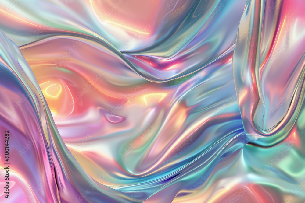 Wall mural Colorful iridescent wavy fluid silk fabric with vibrant pastel hues