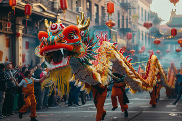 Fototapeta premium dragon is being carried by a group of people down a street. The dragon is very large and colorful, and the people are dressed in orange and black. The scene is lively and festive