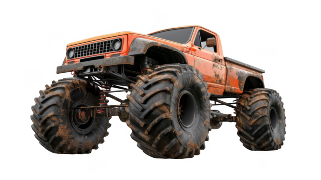 A dirty orange monster truck with huge tires