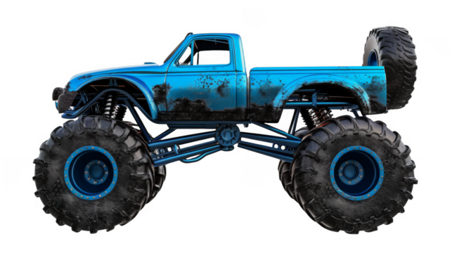 A blue monster truck with muddy tires