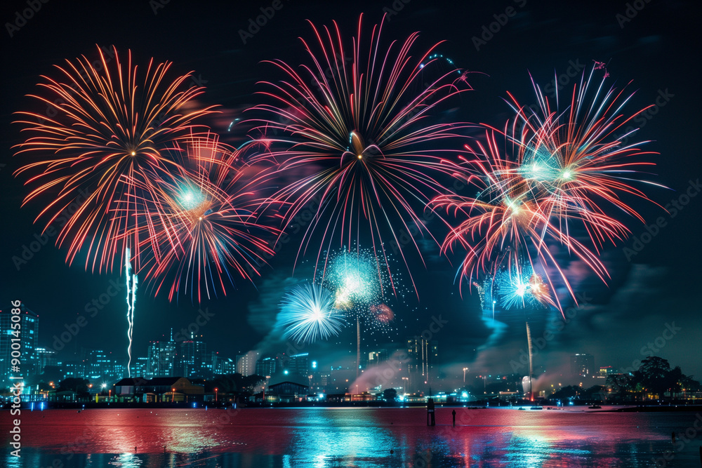 Poster fireworks display is lit up in the night sky over a city. the fireworks are set off in a row, with t