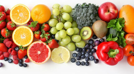 Assorted fruits and vegetables creating a lower border on a white background. AI generative.