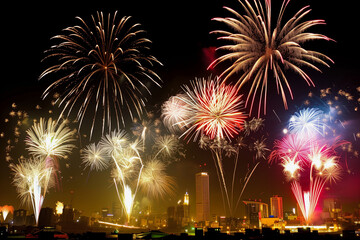 city skyline is lit up with fireworks, creating a festive and lively atmosphere. The fireworks are scattered throughout the sky, with some closer to the ground and others higher up