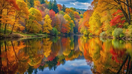 Fototapeta premium Autumn forest reflected in river , nature, fall, trees, water, reflection, serene, peaceful, woodland, foliage