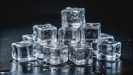 Ice cubes on black background lying on the ground, Frozen, cold, water, cubes, chilling, refreshing, dark, icy, square