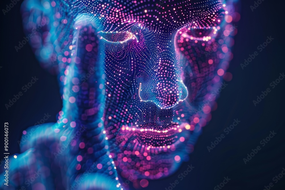 Poster digital face with glowing nodes symbolizing connectivity and technological advancement
