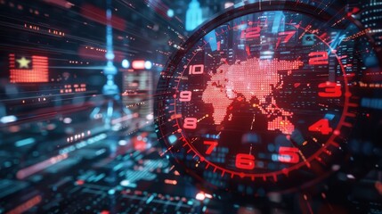 Obraz premium Global Timekeeping: A Futuristic Clock with World Map Display