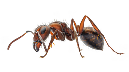 A large brown ant with a black head and yellow eyes