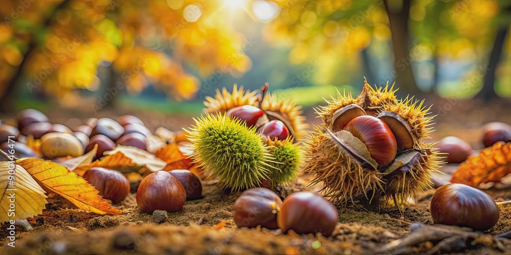 Sticker Close-up shot of open chestnut fruits on the ground in a beautiful autumn setting, autumn, chestnuts, open, fruits, fall, seasonal