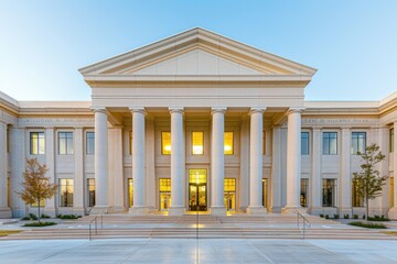 Fototapeta premium Elegant Exterior of a Modern Courthouse with Grand Columns and Illuminated Windows at Dusk