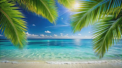 Travel background with Caribbean sea and palm leaves, Caribbean, sea, palm leaves, tropical, vacation, paradise, beach