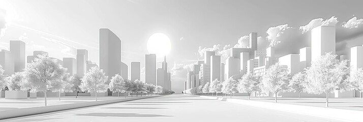 White Cityscape Illustration with Trees and a Road