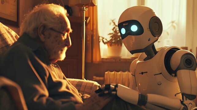 Robot Assistant Helping Elderly Person at Home in Warm Light