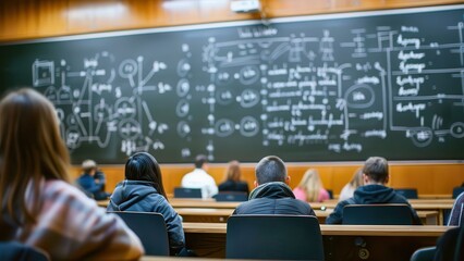 Students attending a lecture in a classroom with a chalkboard filled with scientific equations and diagrams.