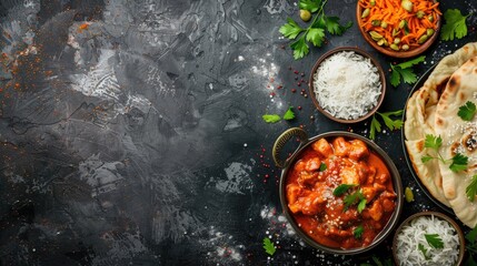 Spicy chicken tikka masala with rice and naan on rustic background Traditional Indian British cuisine Top view with space for text