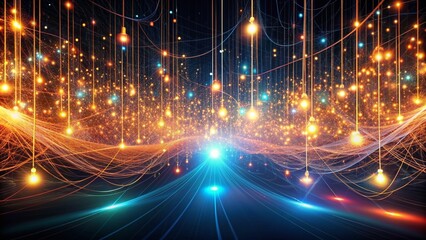 Obraz premium Vibrant glowing threads of light suspended in mid-air, weaving intricate patterns, creating a futuristic, ethereal atmosphere, evoking a sense of technological advancement.