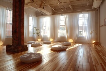 Fototapeta premium Serene Yoga Studio with Wooden Floors and Soft Lighting for Meditation or Wellness Retreats