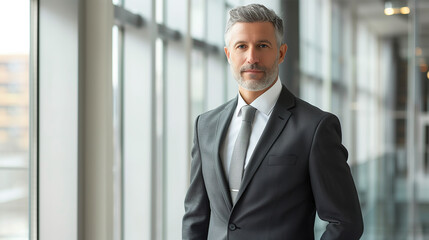 Fototapeta premium Confident middle-aged businessman with gray hair and beard in a gray suit stands against a window in a modern office exuding elegance and professionalism with a blurred background.