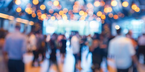 A defocused image capturing the excitement of a corporate event with a blurry crowd mingling in the background