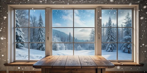 Winter window with snow falling and an empty table with a view of the snowy landscape outside, winter, window, snow, empty