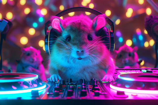 DJ Hamster Partying Under Neon Lights with Moon
